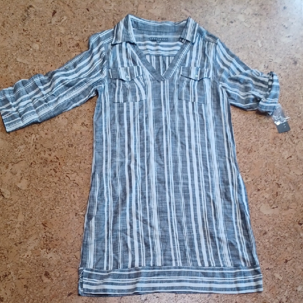 Shiragano NY Navy/Ivory Striped 3/4 Sleeve Shirt Dress Size 10 NWT